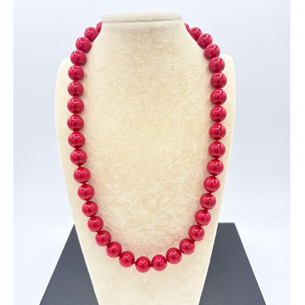 Vintage Faux Red Coral Strand, Coated Shell Bead Necklace with 10K Gold Clasp